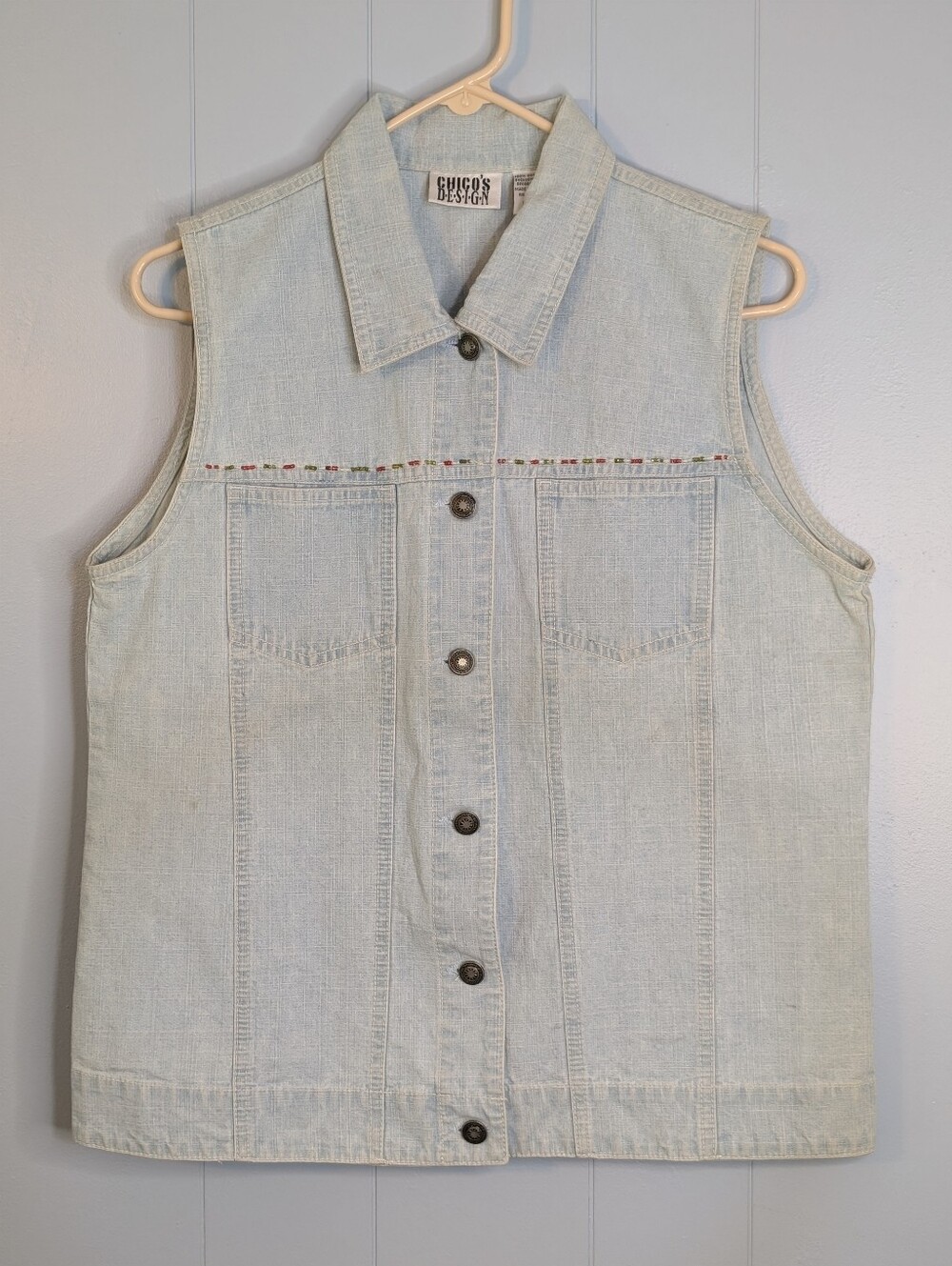 Chico's Light Blue Denim Button-Front Vest with Subtle Embroidery